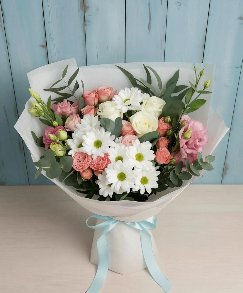 Букет цветов из: Розы, Лизиантусы и Хризантемы в Юрцово