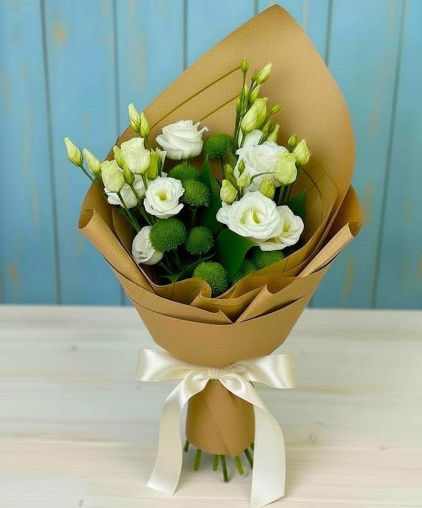 Букет цветов из: Хризантемы и Лизиантусы в Юрцово