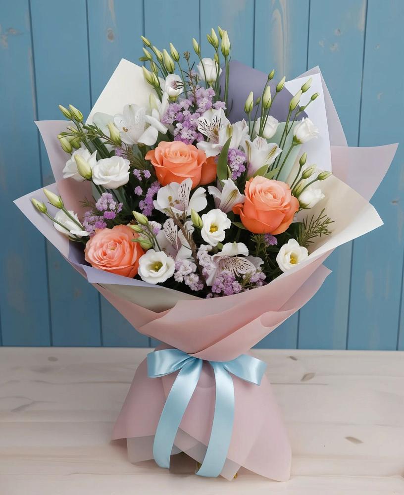 Букет цветов из: Лизиантусы, Розы, Альстромерии и Гипсофила в Юрцово