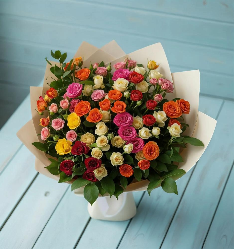 Букет Микс из разноцветных кустовых роз в Юрцово