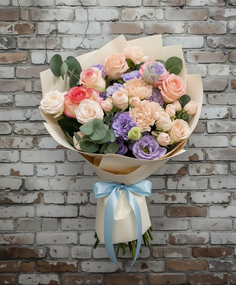 Букет цветов из: Розы, Лизиантусы и Гвоздики в Юрцово