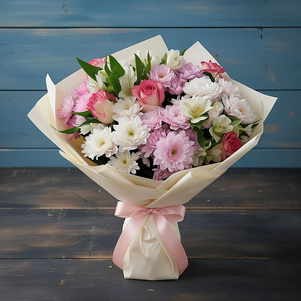 Букет цветов из: Хризантемы, Альстромерии и Розы в Юрцово